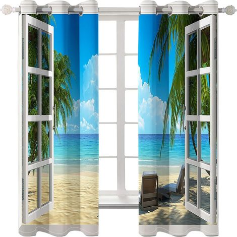 Rideaux à œillets pour chambre d'enfant - Paysage de plage de mer bleue 72 x 46 cm - Rideaux 3D - Rideaux perforés opaques d'intérieur - Isolation et réduction du bruit - Applicable à la chambre à cou (1/5)