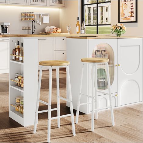 Bar-set cuisine avec table îlot extensible, 2 tabourets, blanc effet bois OKMYHOME (1/5)