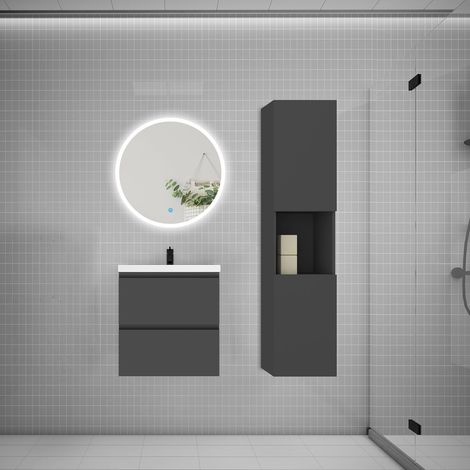 AICA Ensemble meuble vasque L.50cm 2 tiroirs + lavabo + LED miroir rond 60cm + colonne,anthracite