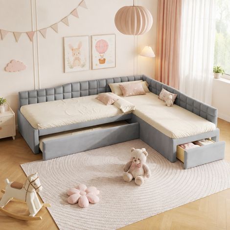 Cama en L 90x200 cm con cama extraíble y cajones, gris OKMYHOME (1/5)