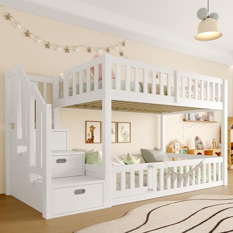 Lit superposé 90x200, échelle avec espace de rangement, blanc, métal inoxydable anti-rouille, adapté à petit espace de vie