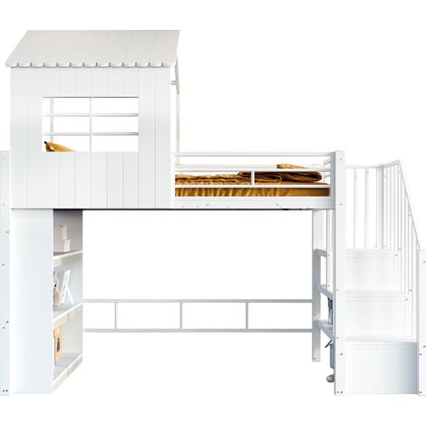 Lit mezzanine 90x200 cm, design maison, garde-corps renforcé, étagères de rangement intégrées, échelle sécurisée (montage gauche/droite), lit enfant et ado, blanc (1/5)