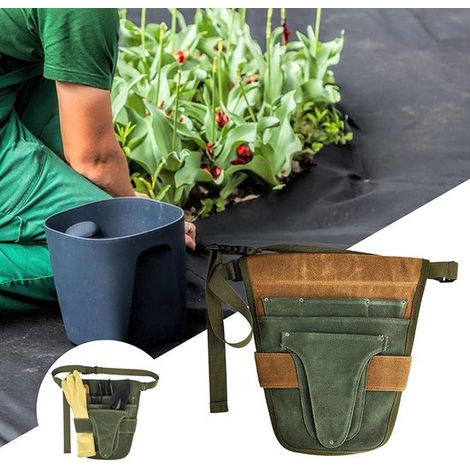Ceinture porte-outils – Sacoche à outils – Porte-outils – 5 compartiments – Toile – Bandoulière réglable – 30 x 28,5 cm – Vert et marron (1/4)