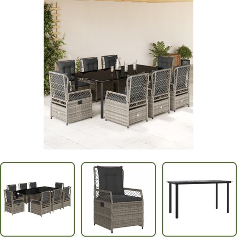 vidaXL Gartentisch - 9-tlg. Garten-Essgruppe mit Kissen Grau Poly Rattan (1/5)
