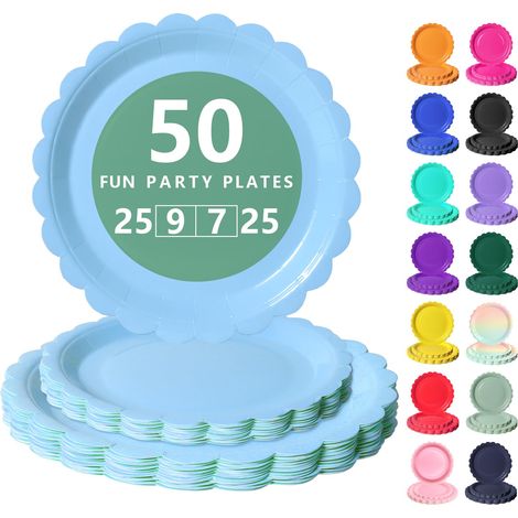 Vaisselle Jetable Festonnées, 50 Pcs Bleu ciel Assiette Carton (1/5)