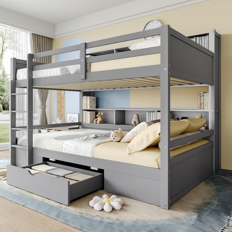 Lits superposés 90x200 cm gris avec tiroirs et rangements - Lits enfants/jumeaux simples - Idéal pour gagner de l'espace (sans matelas) (1/5)