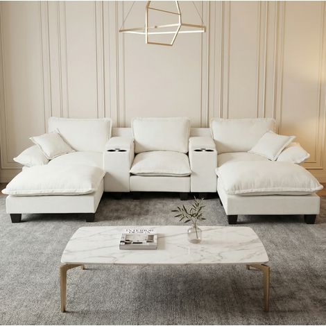 Canapé modulable en U chenilla beige 323x151x90 cm con USB, almacenaje y portavasos (1/5)