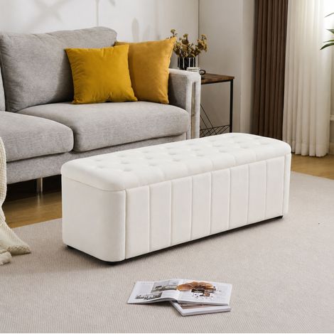 Banco de almacenamiento de 132x47x24 cm en terciopelo, banco tapizado con capitoné, color beige (1/5)