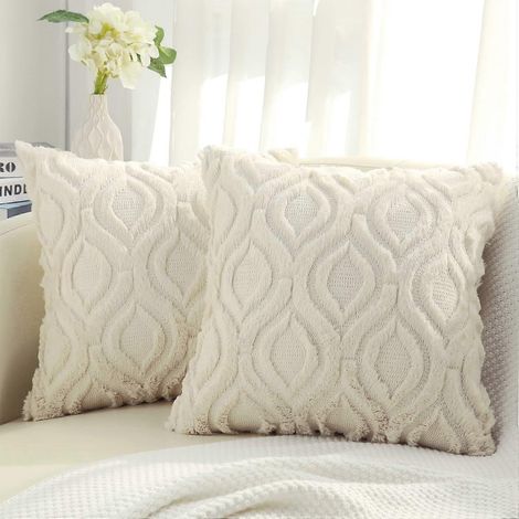 Lot de 2 housses de coussin en fausse fourrure 45x45 cm, housse de coussin décorative en velours doux et moelleux 18x18 pouces, carré bohème neutre [jkw] (1/5)
