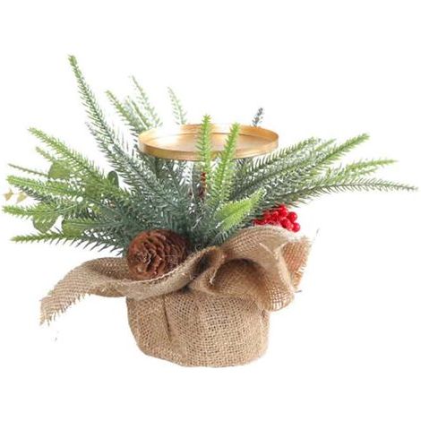 Support Bougie Petit Arbre En Chanvre, Décoration De Noël Baies Rouges Cône De Pin, Ambiance Arbre De Noël (1/5)