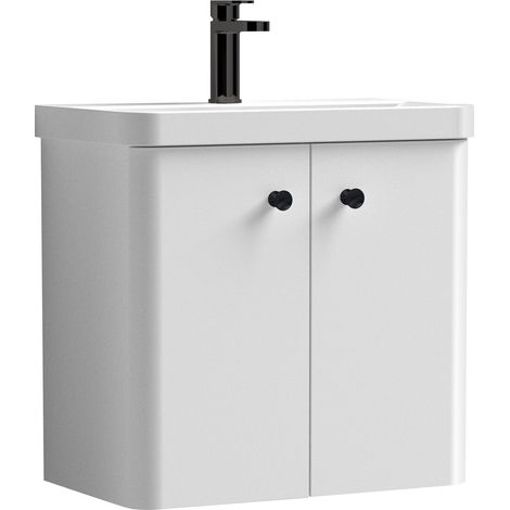 Balterley Flashbrook Modern Bathroom Wall Hung 2 Door Vanity Unit Basin, Gloss White/Matt Black, 579mm