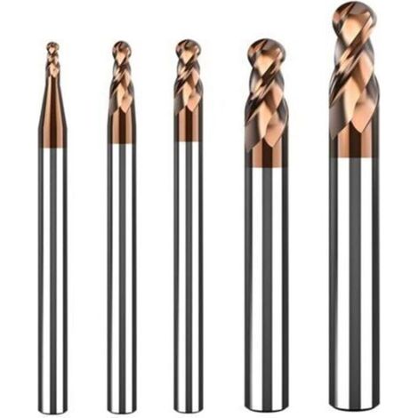 Satz mit 5 halbkugelförmigen Hartmetall-Schaftfräsern – 2 Schneiden – AlTiN-Beschichtung HRC 55 – Schaftfräser für CNC-Metallgravur – 5 Radien: 1, 1,5, 2, 3, 4 mm