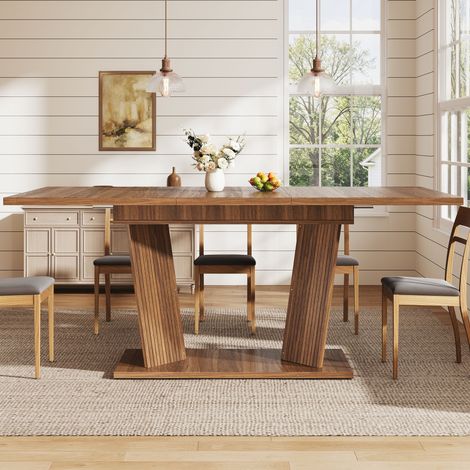 Table à manger extensible, effet bois massif, piètement stable avec pieds réglables antidérapants, brun foncé (1/5)