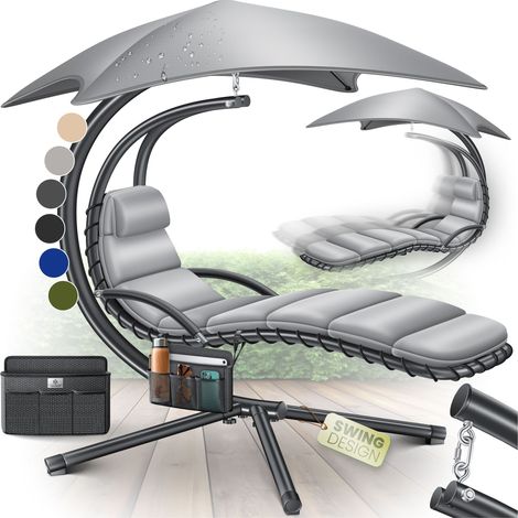KESSER® Schwebeliege mit Sonnenschirm Hängeliege Sonnenliege H200 L194 B100 cm Relaxliege Schaukelliege Hängematte bis 120 kg belastbar Grau