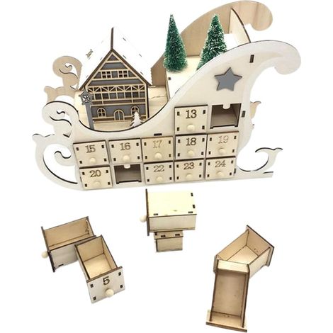 Adventskalender aus Holz, Schlittenform mit Weihnachtsbaum und 24 leeren Schubladen, festliche Dekoration für Erwachsene und Kinder, aus Holz (1/5)