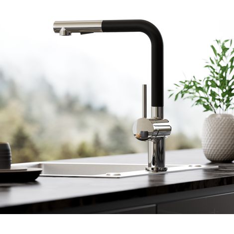 Rubinetto da cucina, rubinetto da cucina estraibile con 2 modalità di getto, girevole a 360°, rubinetto per lavello con doccetta, nero + cromo