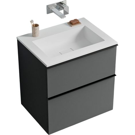 Unterschrank Bernstein LAVOA 60 cm mit Mineralguss Waschbecken BRUXELLES - Badmöbelfarbe Anthrazit matt, Griff Chrom, Waschbecken Weiß matt ohne Hahnloch (1/5)