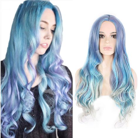 Wunderschönes, langes, lockiges Lolita-Haar mit mittellangen Wellen (Grau-Blau-Ombré), Charakterdarstellung mit Perücken, die in Pferdeschwanzperücken eingebettet sind (1/5)