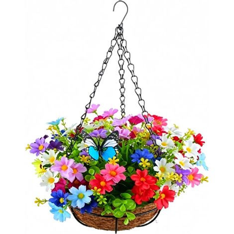 Panier suspendu artificiel, composition florale printanière colorée, décoration rustique en fer pour l'intérieur et l'extérieur. (1/5)