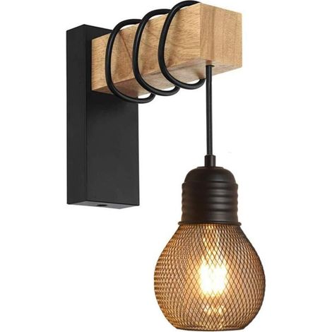 Applique Murale Interieur en Bois et Métal E27 Lampe Vintage Rétro Industriel Style Décoration pour le Couloir Restaurant Maison Bar Café Chambre Salon Sans Ampoule