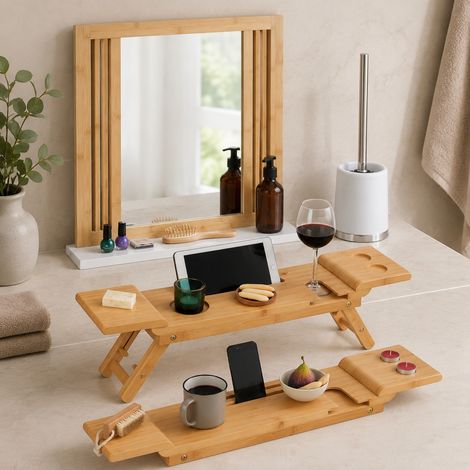 Set da bagno in bambù (3 pezzi) – Scopino opaco, vassoio da bagno e specchio da parete con cornice (1/5)