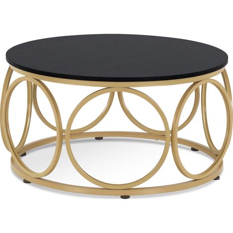 M MCombo Couchtisch Rund Holz, Modern Sofatisch Schwarz-Gold, Klein Kaffeetisch Metallgestell, Beistelltisch für Wohnzimmer, Durchmesser 80cm, 2102 (1/5)