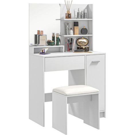 White Dressing Table and Stool Set with Ample Storage for Bedroom Elegance