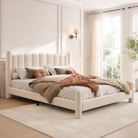 DESMIU Lit adulte 180 × 200 cm avec tête de lit, en velours, pieds cylindriques, sans matelas, beige (1/5)