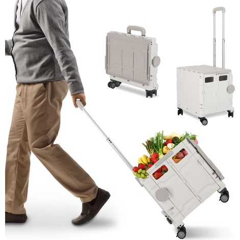 Jiubiaz Carrito de compra plegable 50L con tapa, 4 ruedas, cesta trolley para compras y hogar, blanco