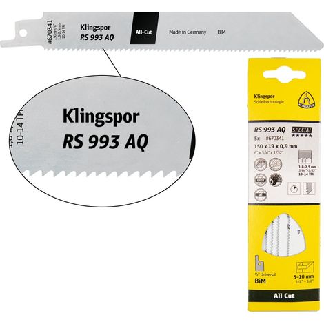 Klingspor RS 993 AQ Säbelsägeblätter, 150 x 19 x 0,9 mm Nutzlänge 130Bi-Metall, gefräst, geschränkt , 10-14 Zähne pro Zoll, SB-verpackt im Karton