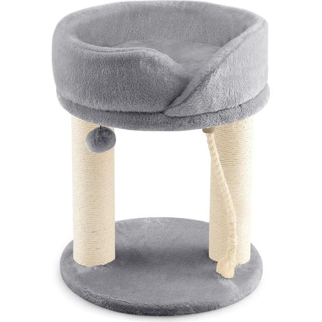 GOPLUS Arbre à Chat 53 CM en Bois Recouvert Peluche, Poteaux en Sisal, Nid Confortable Détachable, Boule Suspendue, Corde en Sisal, Gris (1/5)