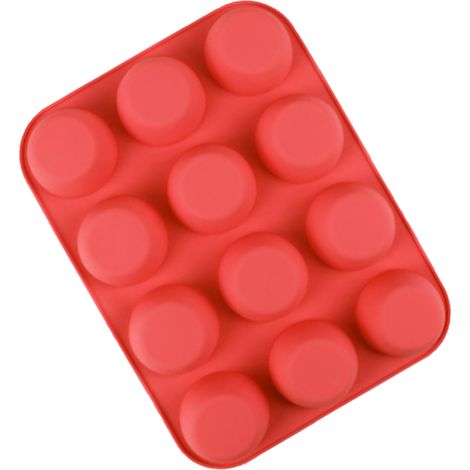 Moule à muffins rond en silicone souple, 12 pièces, démoulage facile, pour cupcakes, muffins, gélatine, savon, bougies, grand format rouge (1/5)