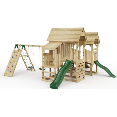 FarmPlay Stable and Mini Loft Climbing Frame with Double Swing, Climbing Wall, Bridge and Slides (1/5)