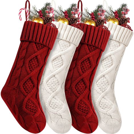 Chaussette De Noël - Tricotée À La Main - 45 Cm De Longueur - Pour Décoration Intérieure Et Cadeaux - Lot De 4 (1/5)