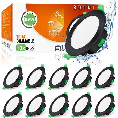 Lot de 6 Spot LED Encastrable 68mm,7W Led Spot Dimmable AC 220-240V,3000K 4000K 6500K Étanche IP44 Réglable Plafonnier Encastré pour Salle de Bain,Salon,Chambre,Cuisine,Rond,Noir (1/5)