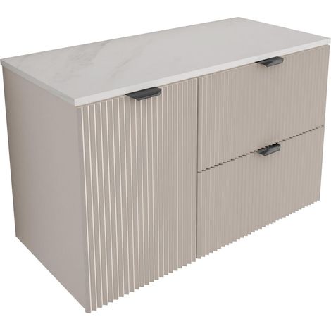 Mobile bagno con frontale scanalato 100 cm (60+40)cesto portabiancheria, cashmere, piano in marmo bianco (MDF), con maniglia nera, 100 x 47 x 60 cm (1/5)