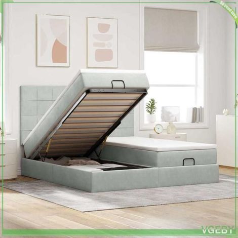 Cadre de lit ottoman avec matelas - 7291712438929 - 200x200 cm - Velours gris clair - Rangement hydraulique (1/5)