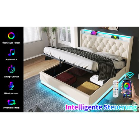 Cama con canapé de PU blanco 160x200 cm con LED, USB y Type-C, somier de láminas y colchón incluidos (1/5)