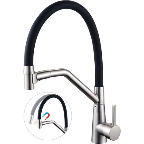 Kitchen electroplated sink faucet, single pipe, hot and cold water dual-use pull-out household sink rotating all-copper faucet - Little Goddess brushed magnetic style [stainless steel]