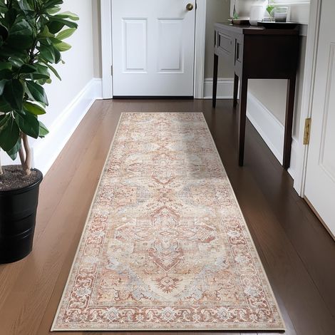 Tapis Couloir 60x210 Long Antidérapant Vintage Rouge Brique Lavable en Machine - Descente de Lit, Passage pour Cuisine, Chambre, Escalier, Balcon (1/5)