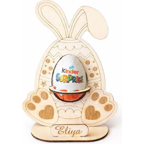 Support Œuf Kinder Personnalisé en Bois – Lapin de Pâques avec Prénom – Support Chocolat Kinder Surprise – Décoration de Table Pâques – Chasse aux Œufs Enfant – 13,5 x 19 cm (Œuf non inclus) (1/2)