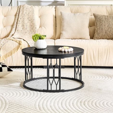 Table basse ronde en bois effet chêne, piètement métal noir, table de salon design à structure géométrique, table d'appoint stable Ø70 cm, hauteur 40,5 cm (1/5)
