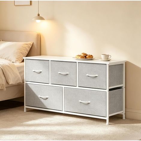 Commode 100x30x54 cm gris clair en tissu, MDF et métal avec 5 tiroirs (1/5)