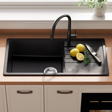 Granit Spüle 86×45 cm CECIPA MAX, Aufsatzspüle mit Abtropffläche  Küchenspüle Granit  inkl. Siphon Ab- und Überlaufgarnitur
