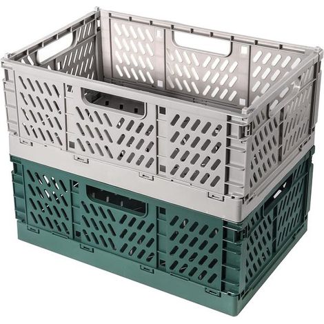 Lot de 2 boîtes pliantes,Boîtes pliantes en plastique résistant 42 x 28 x 16 cm,Panier de rangement pliable,le jardin (Gris + Vert foncé) (1/5)