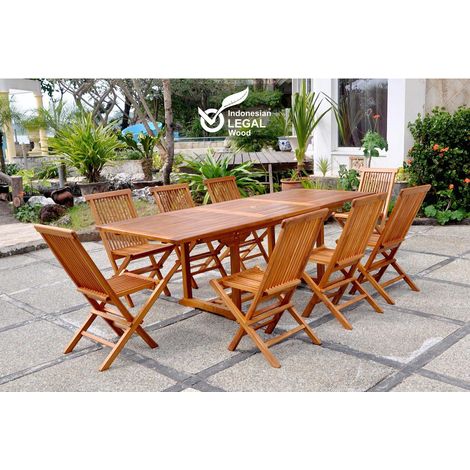 Tavolo da giardino rettangolare 8 posti + 8 sedie in teak oliato LUBOK (1/5)