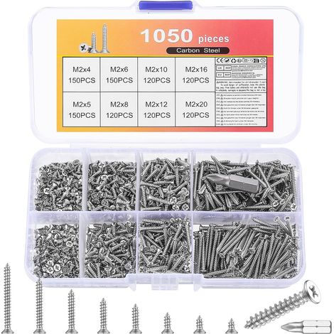 1050 - Vis à Bois - Vis Autotaraudeuses - Tête Fraisée Cruciforme Acier Carbone pour Meubles Aggloméré DIY Argent M2x4mm à M2x20mm (1/5)
