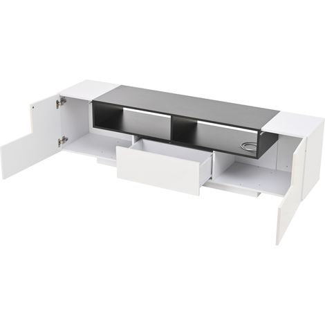 Meuble TV sur pied 1804048 cm, meuble bas avec éclairage LED, meuble TV en forme de L avec tiroirs, meuble de salon, support TV, meuble TV blanc brillant, adapté aux téléviseurs 75 pouces, blanc+noir