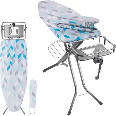 Tabla de planchar, superficie de 130 x 48 cm, altura regulable de 80 a 100 cm, patas antideslizantes, toma de corriente integrada, funda de 53 x 13 cm. (1/5)