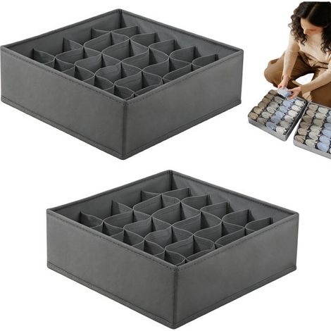 Lot de 2 boîtes de rangement pour chaussettes et sous-vêtements. Boîte de rangement à 24 compartiments en non-tissé, 30 x 30 x 10 cm, grise. Convient pour soutiens-gorge, sous-vêtements, chaussettes e (1/5)